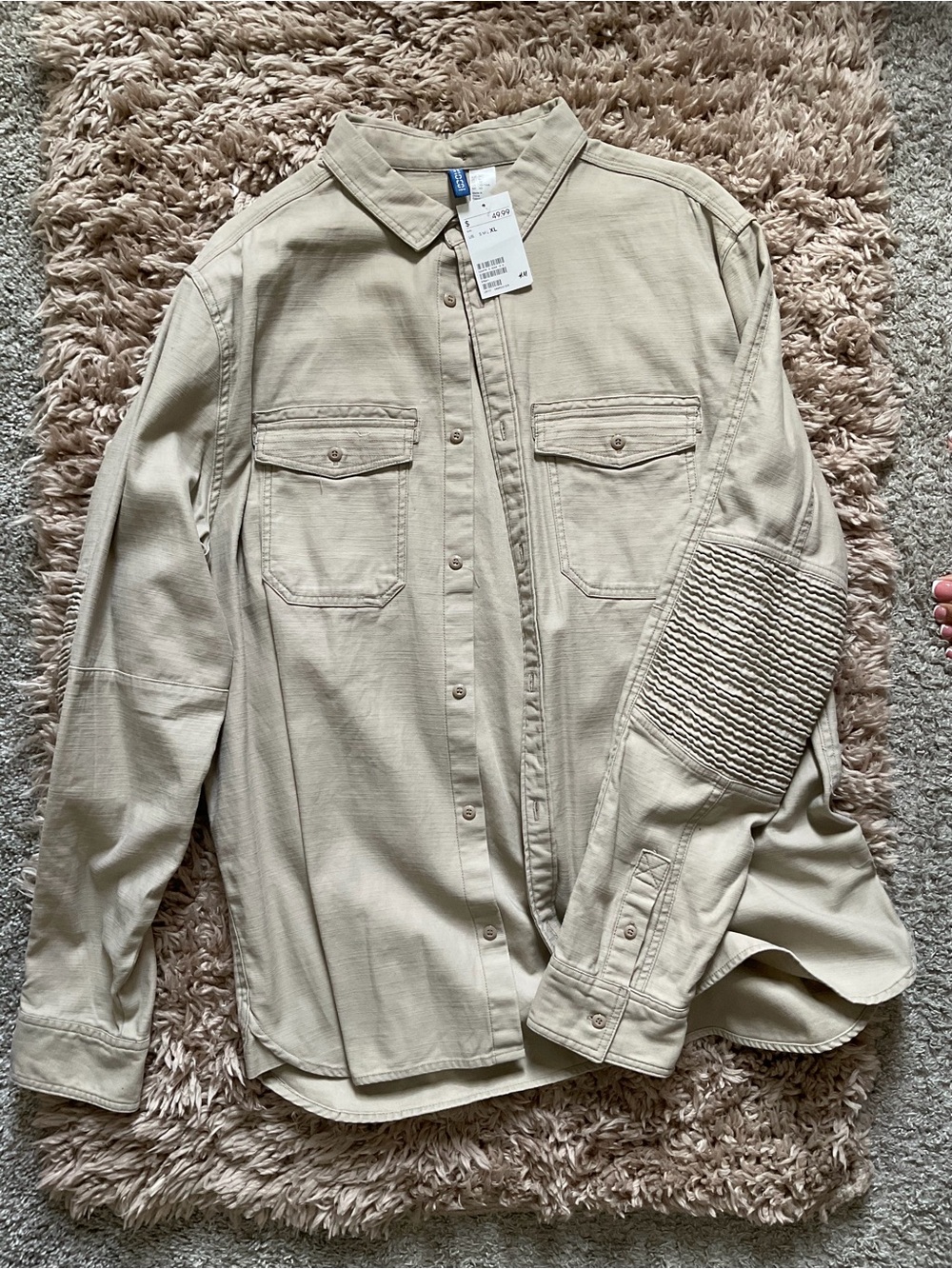 H&M Beige Lightweight Shirt Jacket with Ribbed Elbow Panel